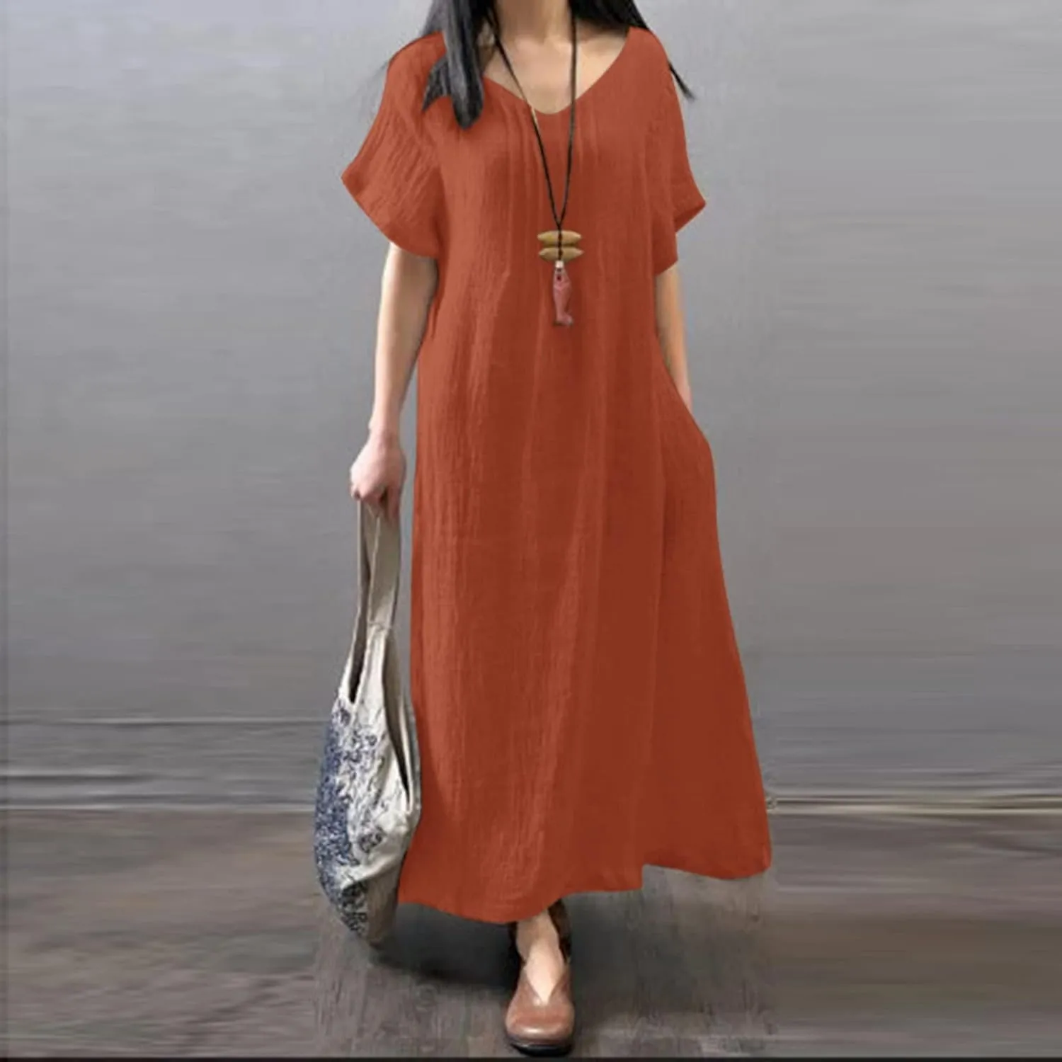 Summer Dress for Women Plus Size Short Sleeve Linen Shirt Dresses Crewneck Maxi Dress Business Casual Dresses