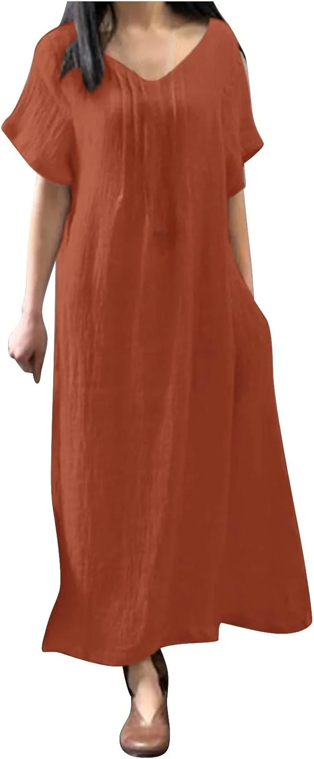 Summer Dress for Women Plus Size Short Sleeve Linen Shirt Dresses Crewneck Maxi Dress Business Casual Dresses