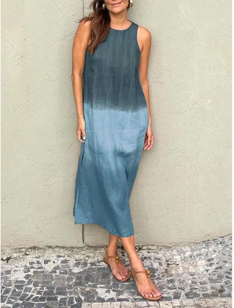 Summer Dresses for Women 2024 Casual Trendy Crewneck Sleeveless Gradient Tie Dye Long Sundresses