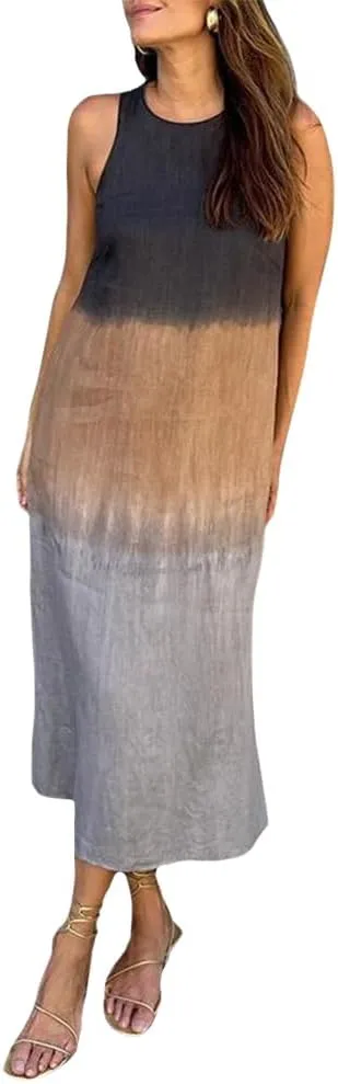 Summer Dresses for Women 2024 Casual Trendy Crewneck Sleeveless Gradient Tie Dye Long Sundresses