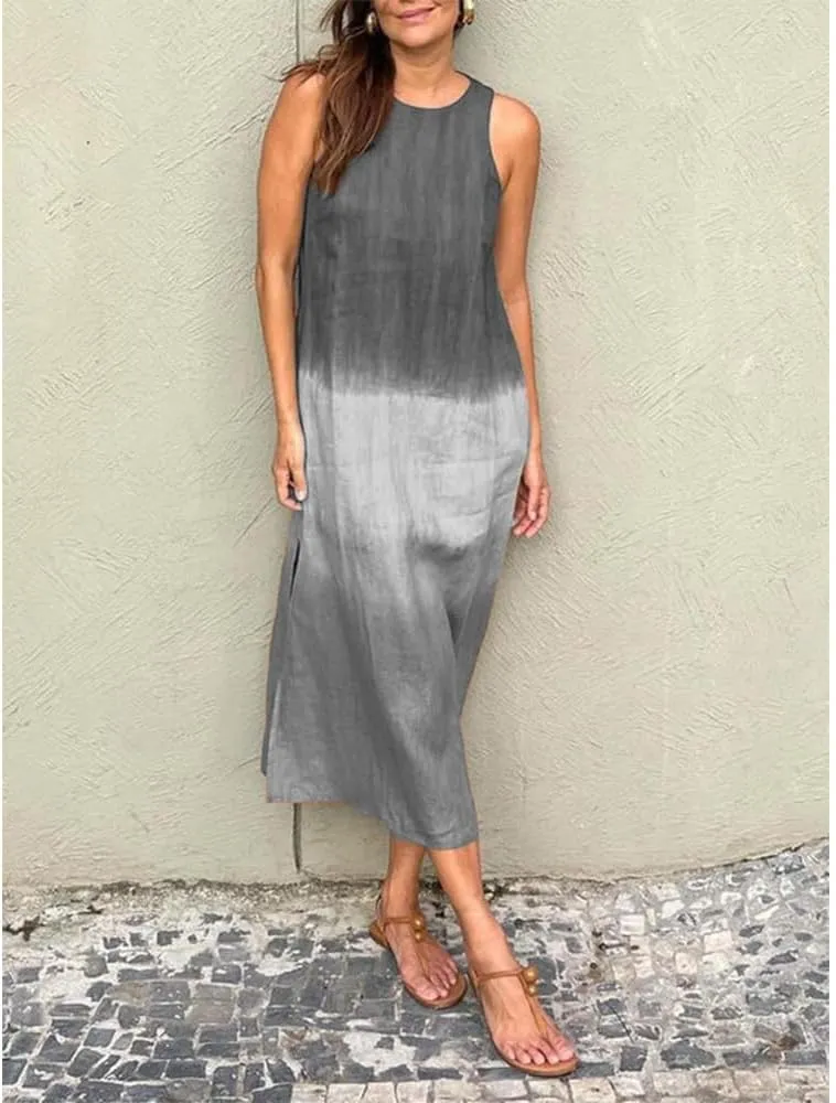 Summer Dresses for Women 2024 Casual Trendy Crewneck Sleeveless Gradient Tie Dye Long Sundresses
