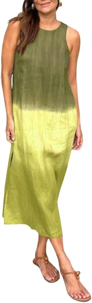 Summer Dresses for Women 2024 Casual Trendy Crewneck Sleeveless Gradient Tie Dye Long Sundresses