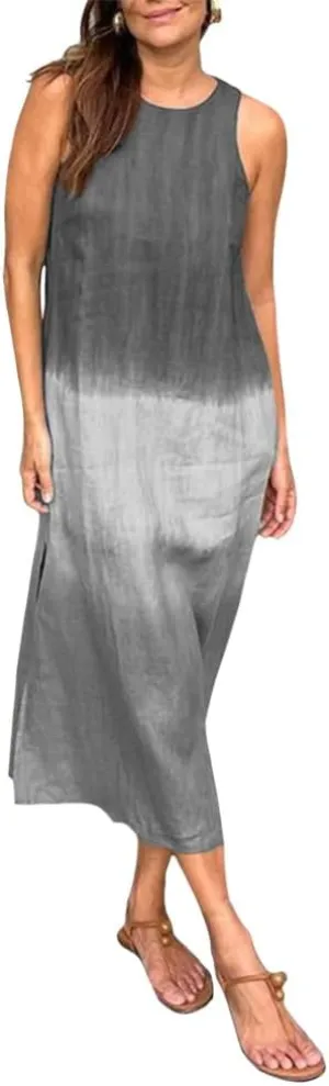 Summer Dresses for Women 2024 Casual Trendy Crewneck Sleeveless Gradient Tie Dye Long Sundresses