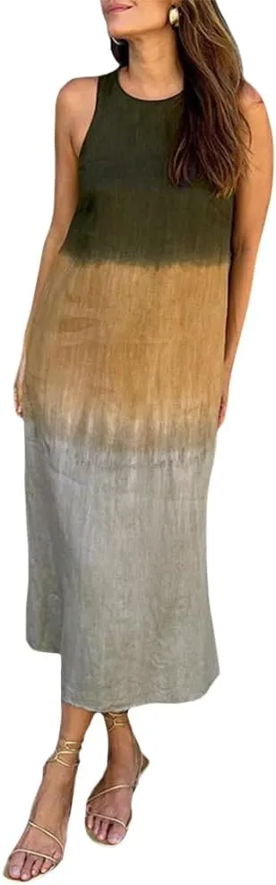 Summer Dresses for Women 2024 Casual Trendy Crewneck Sleeveless Gradient Tie Dye Long Sundresses