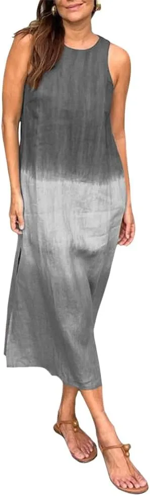 Summer Dresses for Women 2024 Casual Trendy Crewneck Sleeveless Gradient Tie Dye Long Sundresses