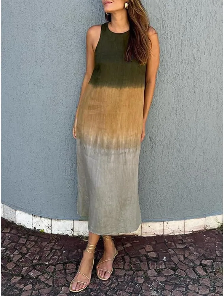 Summer Dresses for Women 2024 Casual Trendy Crewneck Sleeveless Gradient Tie Dye Long Sundresses