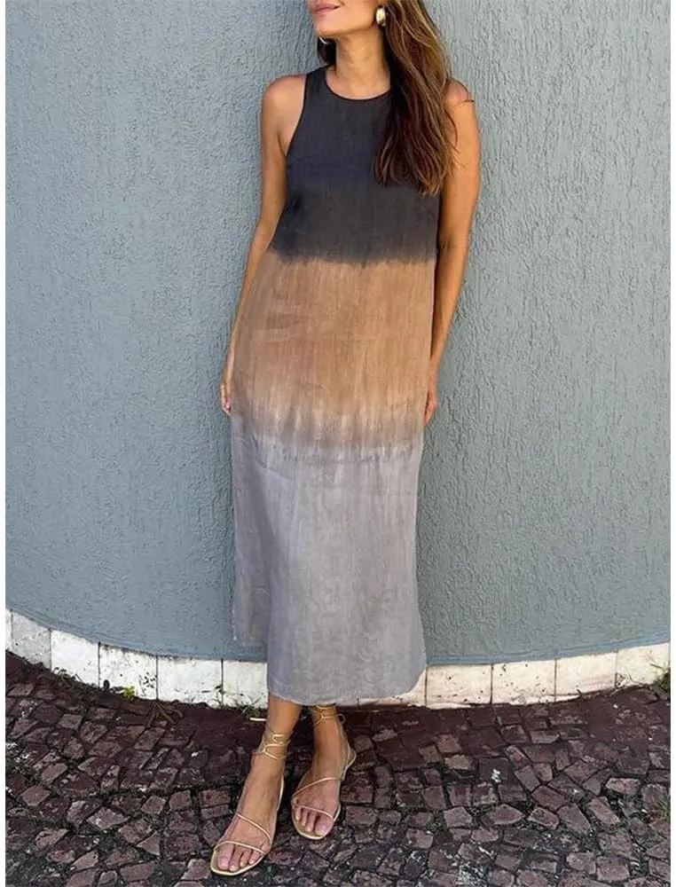 Summer Dresses for Women 2024 Casual Trendy Crewneck Sleeveless Gradient Tie Dye Long Sundresses