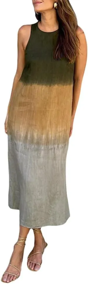 Summer Dresses for Women 2024 Casual Trendy Crewneck Sleeveless Gradient Tie Dye Long Sundresses