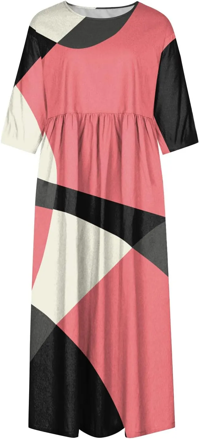 Summer Dresses for Women 2024 Pleated Printed Maxi Dress Short Sleeve Pocket Dresses Round Neck Comfy Beach Dress