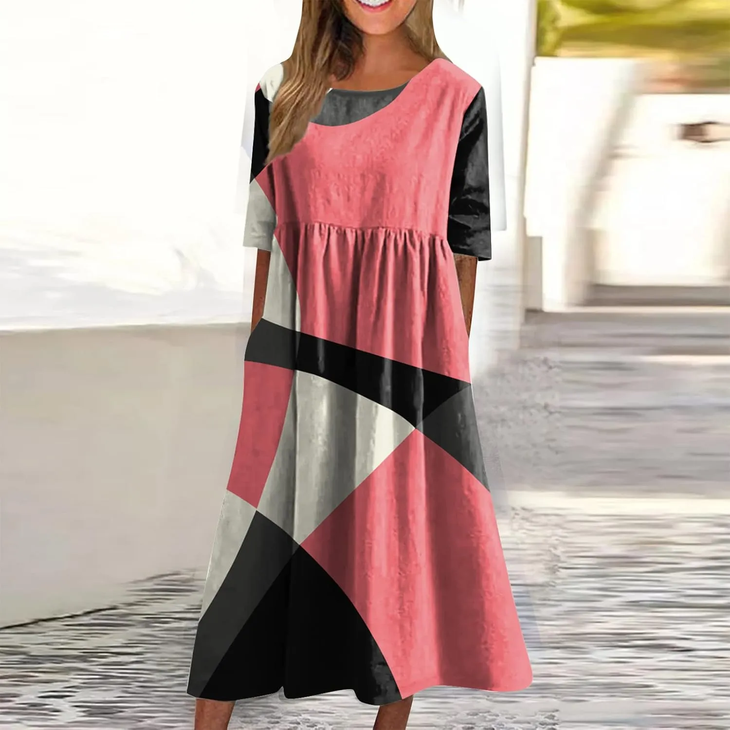Summer Dresses for Women 2024 Pleated Printed Maxi Dress Short Sleeve Pocket Dresses Round Neck Comfy Beach Dress