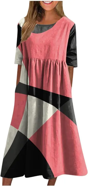 Summer Dresses for Women 2024 Pleated Printed Maxi Dress Short Sleeve Pocket Dresses Round Neck Comfy Beach Dress