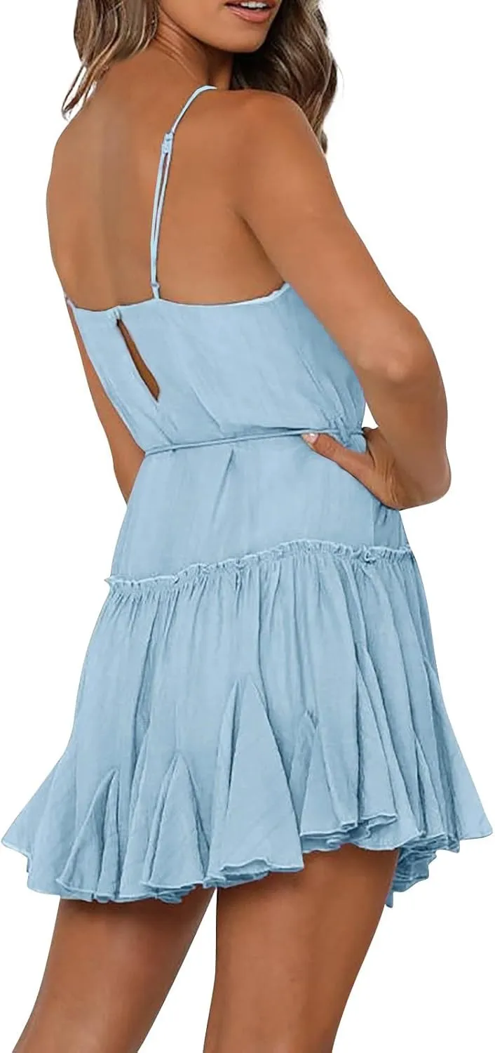 Summer Dresses for Women 2024 Spaghetti Strap Dress Sleeveless Smocked Sundress A Line Tiered Beach Dress