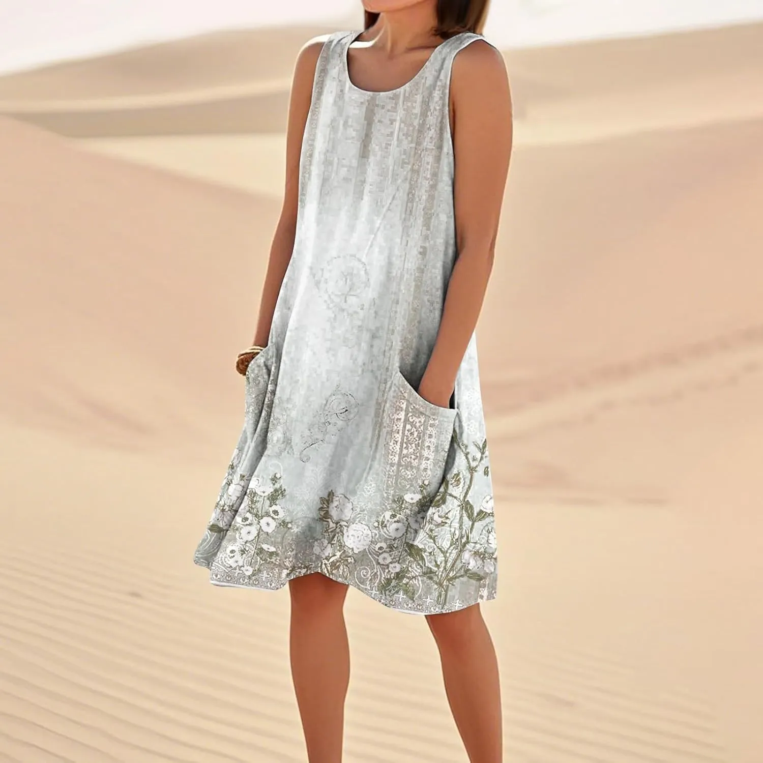 Summer Dresses for Women 2025 Beach U Neck Tank Dress Loose Sleeveless T Shirt Dress Casual Sundresses with Pockets