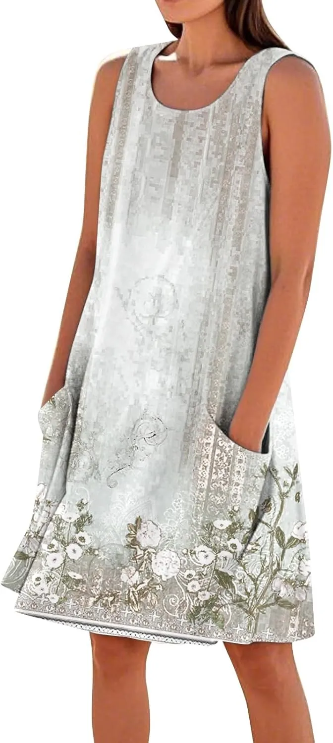 Summer Dresses for Women 2025 Beach U Neck Tank Dress Loose Sleeveless T Shirt Dress Casual Sundresses with Pockets