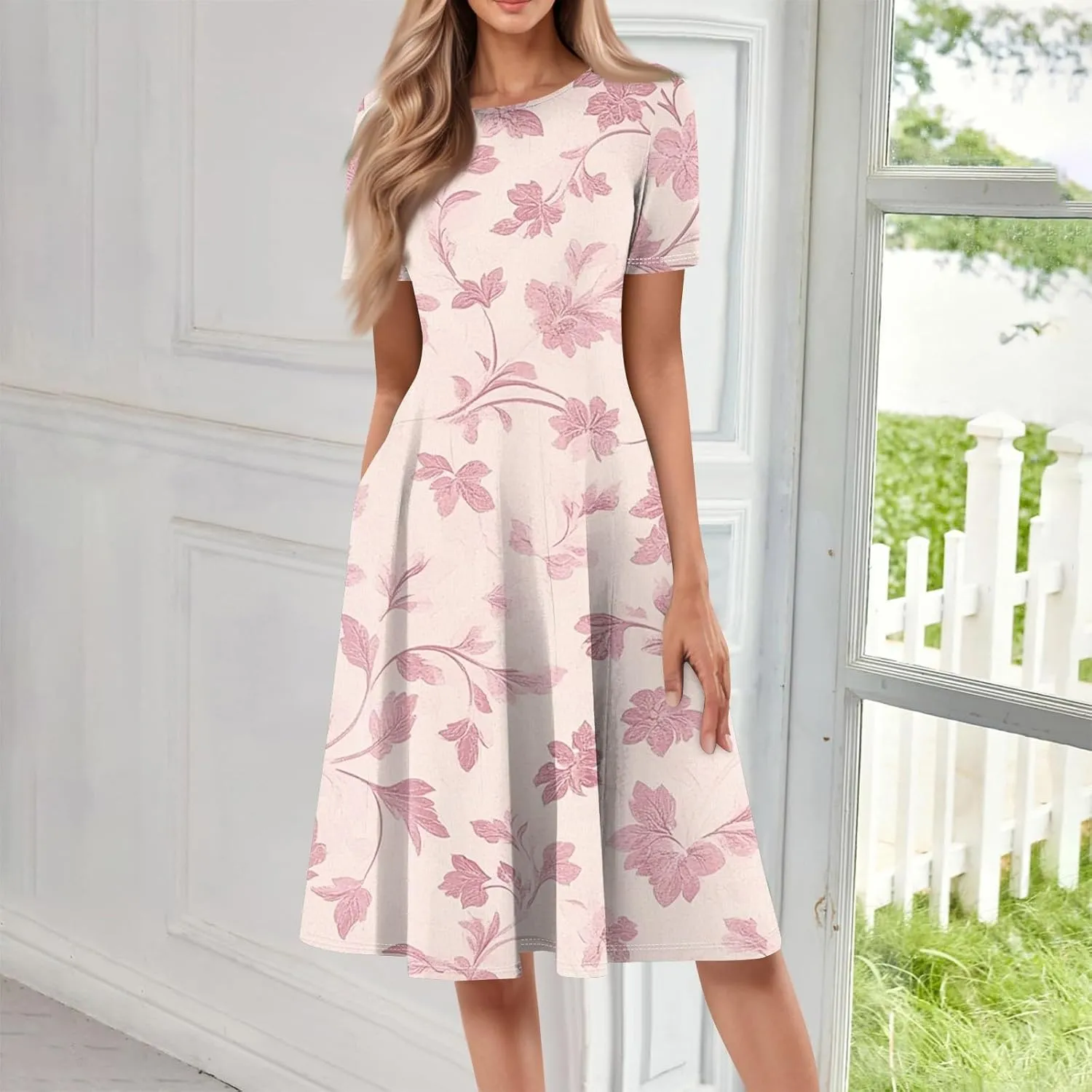 Summer Dresses for Women 2025 Casual Trendy Ruched Spring Loose Crew Neck Semi Formal Short Sleeve Dress
