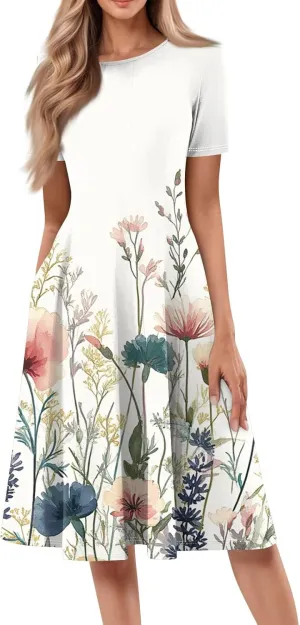 Summer Dresses for Women 2025 Casual Trendy Ruched Spring Loose Crew Neck Semi Formal Short Sleeve Dress