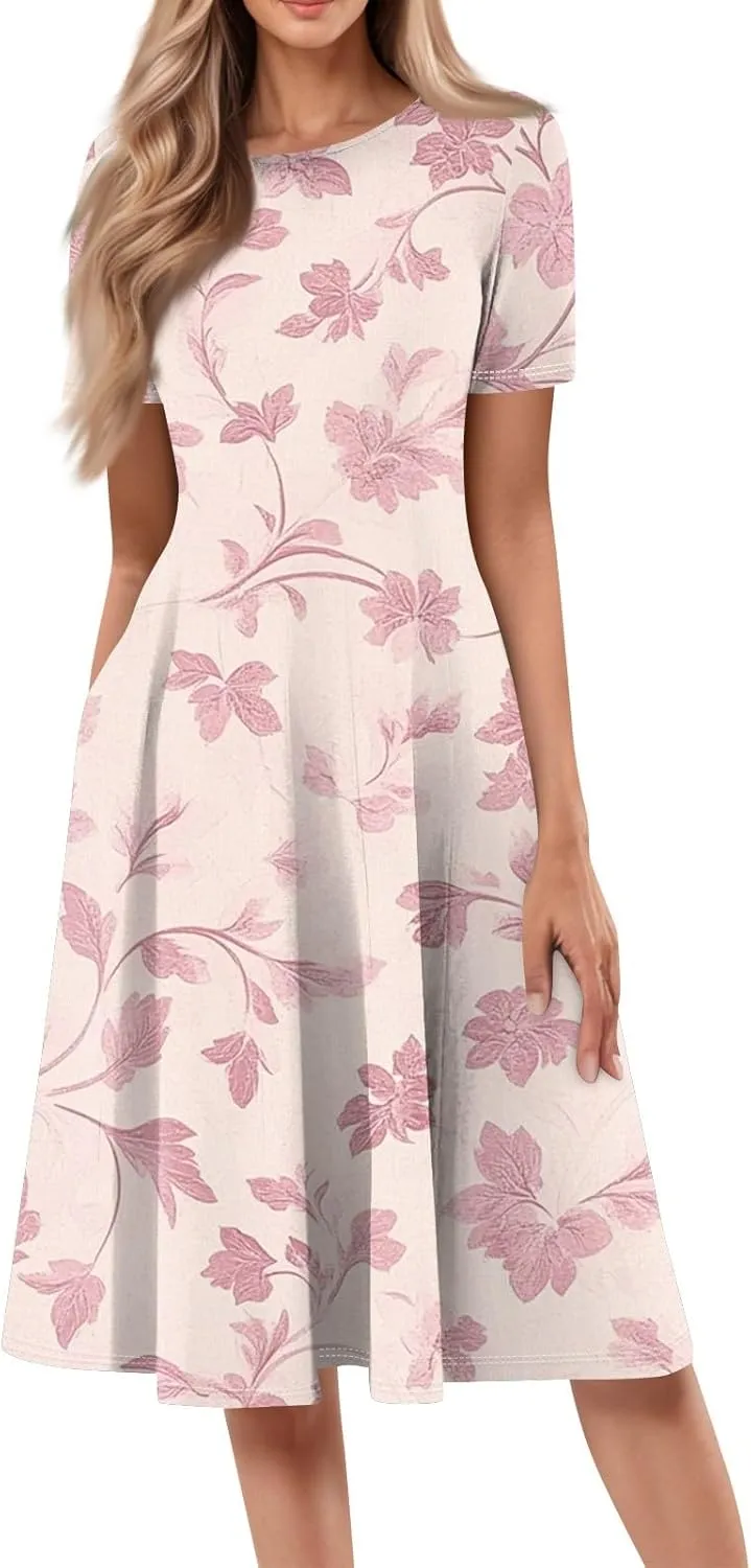 Summer Dresses for Women 2025 Casual Trendy Ruched Spring Loose Crew Neck Semi Formal Short Sleeve Dress