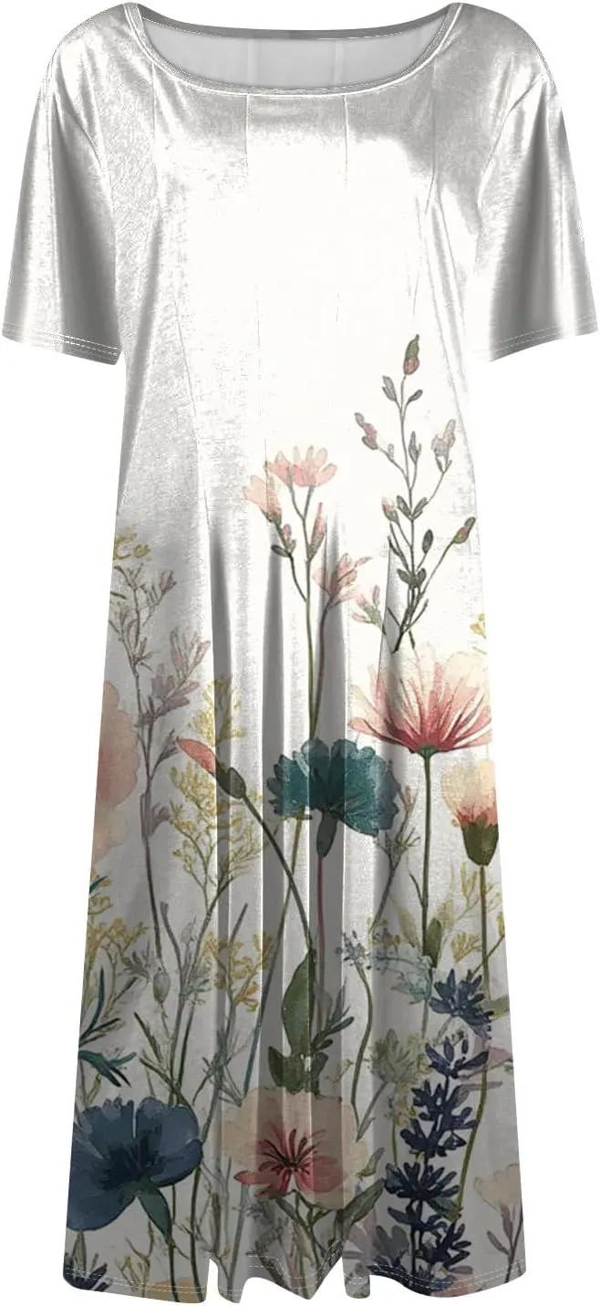 Summer Dresses for Women 2025 Casual Trendy Ruched Spring Loose Crew Neck Semi Formal Short Sleeve Dress