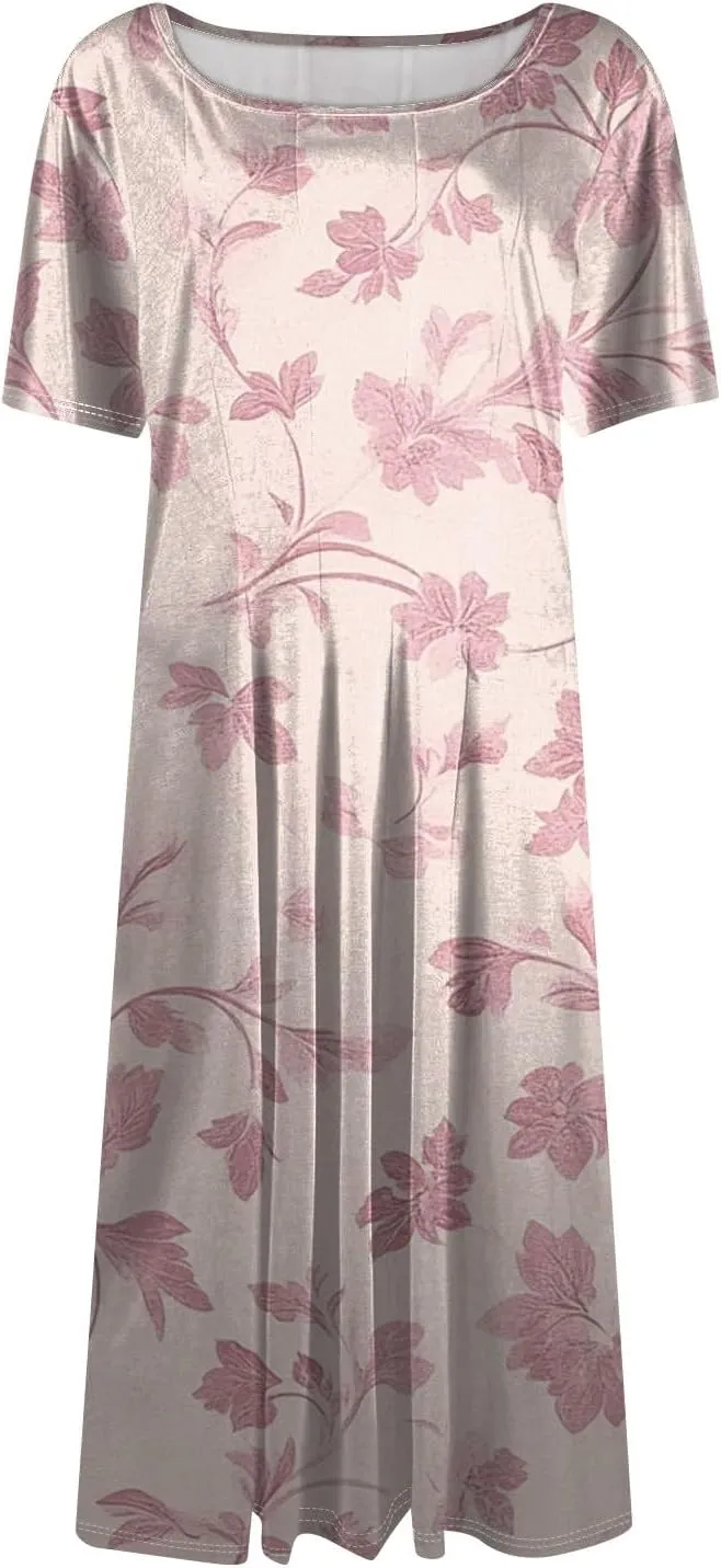 Summer Dresses for Women 2025 Casual Trendy Ruched Spring Loose Crew Neck Semi Formal Short Sleeve Dress