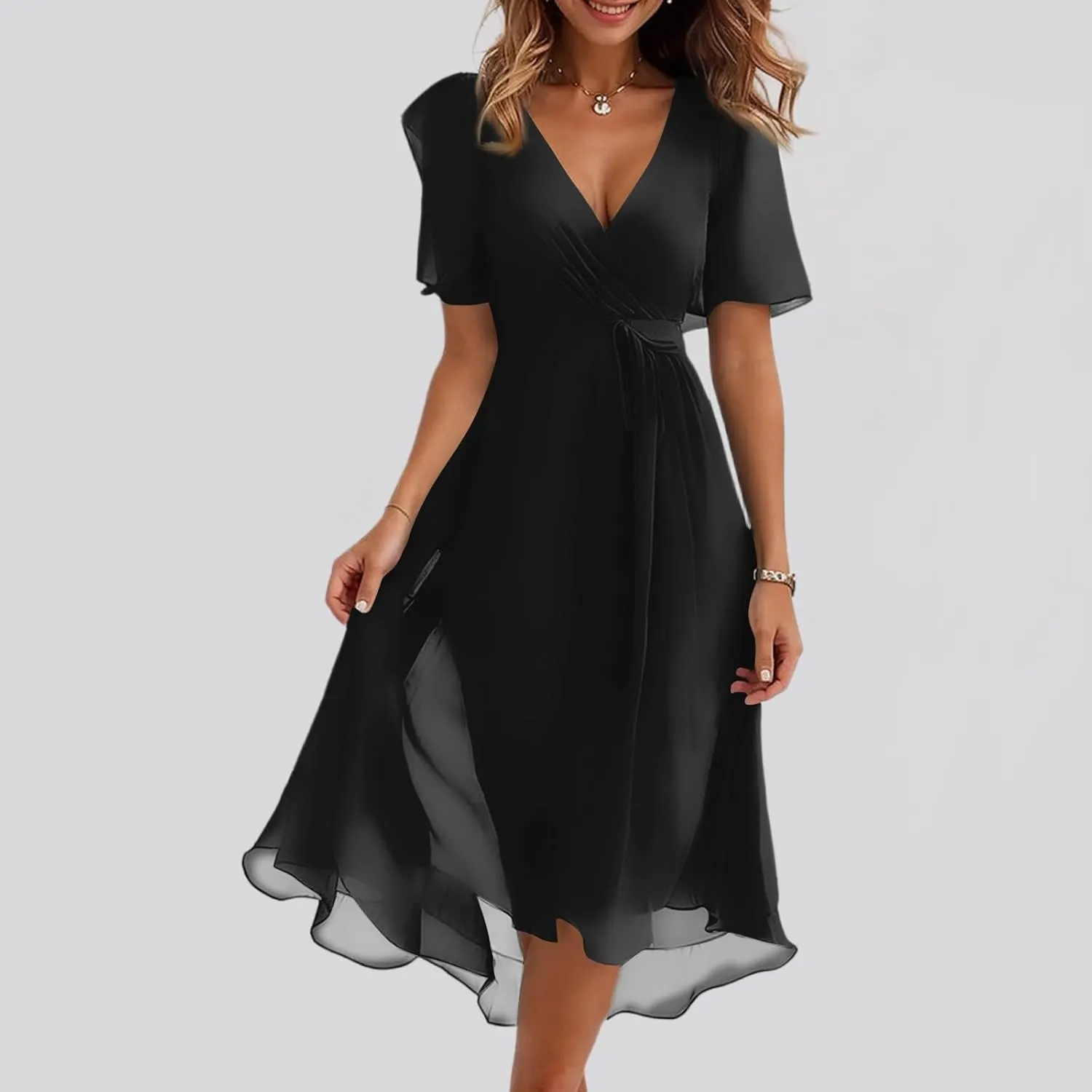 Summer Dresses for Women 2025 Casual Trendy Short Sleeve V-Neck Floral Printed Solid Vacation Cocktail Dress, S-2XL