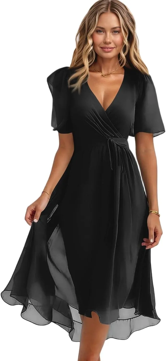 Summer Dresses for Women 2025 Casual Trendy Short Sleeve V-Neck Floral Printed Solid Vacation Cocktail Dress, S-2XL