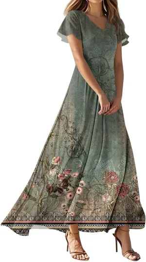 Summer Dresses for Women 2025 Casual Trendy Short Sleeve V-Neck Vintage Floral Print Flowy Boho Maxi Drees, XS-2XL