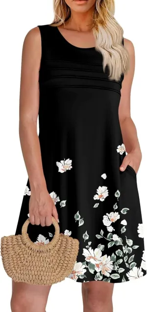 Summer Dresses for Women 2025 Floral Loose Pleated Front Tank Dress O Neck Casual T Shirt Dresses Sleeveless Sundresses