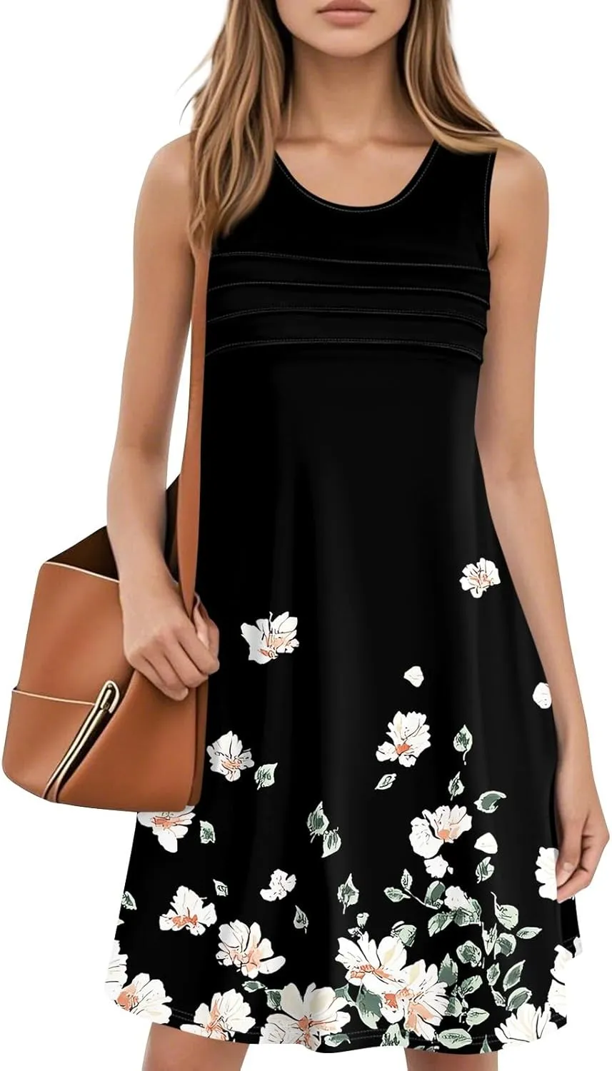 Summer Dresses for Women 2025 Floral Loose Pleated Front Tank Dress O Neck Casual T Shirt Dresses Sleeveless Sundresses