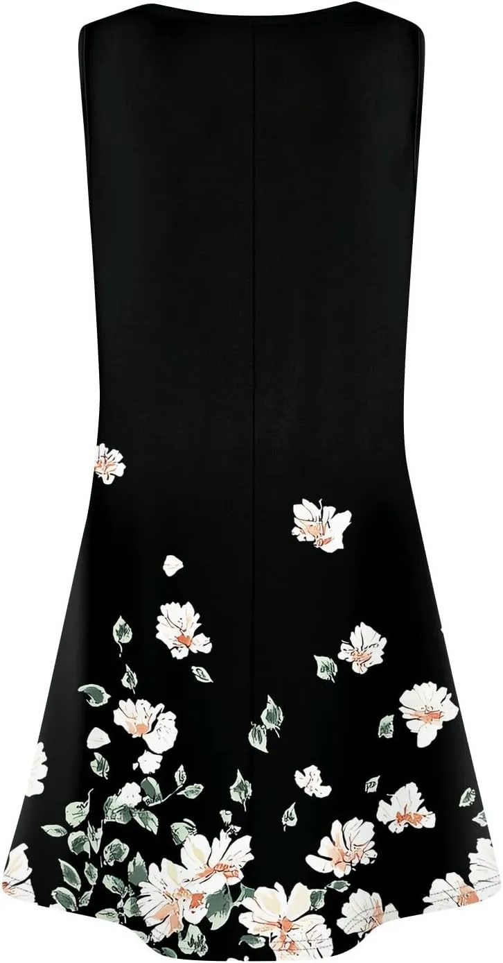 Summer Dresses for Women 2025 Floral Loose Pleated Front Tank Dress O Neck Casual T Shirt Dresses Sleeveless Sundresses