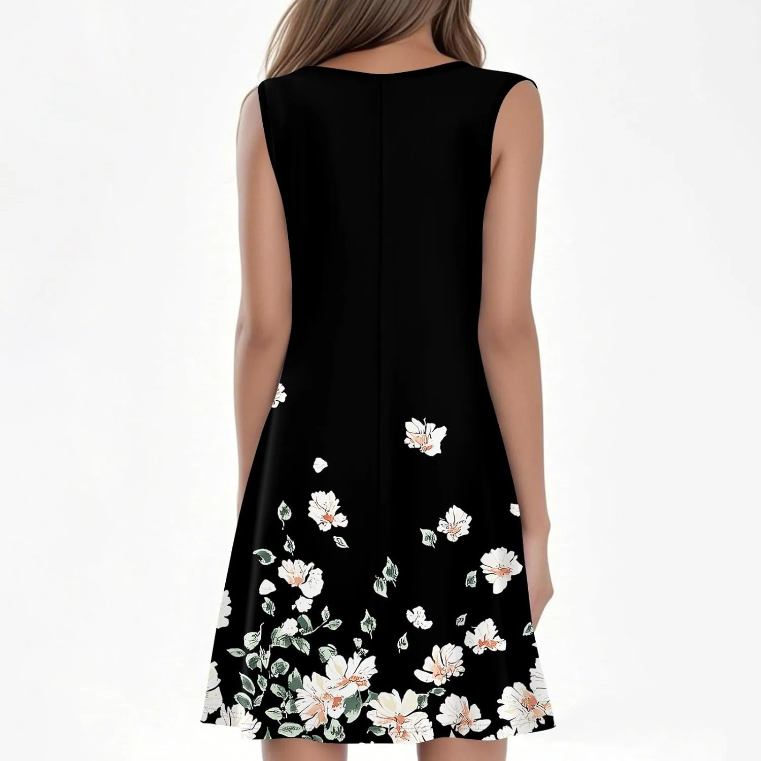 Summer Dresses for Women 2025 Floral Loose Pleated Front Tank Dress O Neck Casual T Shirt Dresses Sleeveless Sundresses