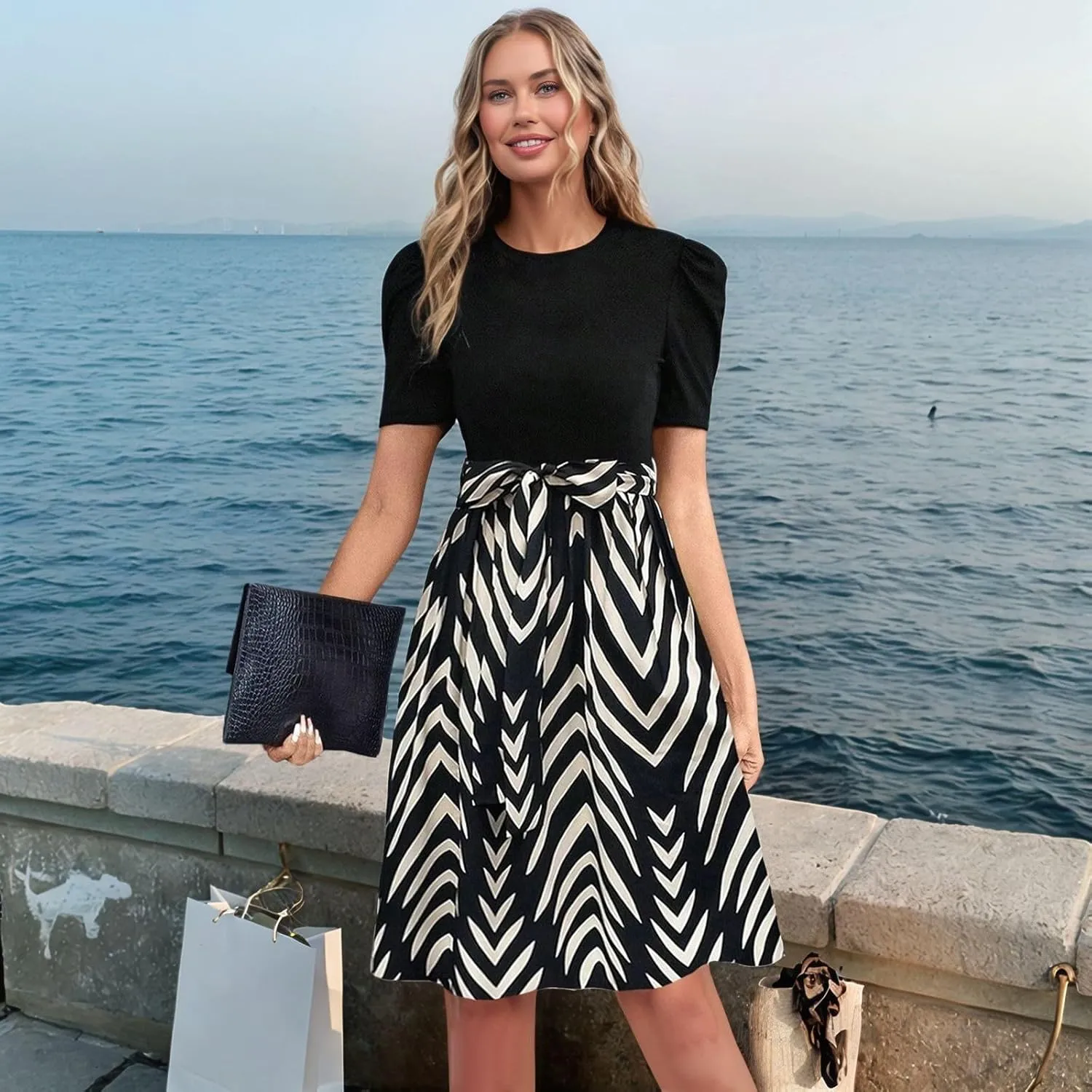 Summer Dresses for Women 2025 Floral Patchwork Flowy Mini Dress Crewneck Short Sleeve Belt Empire Waist Casual Dress