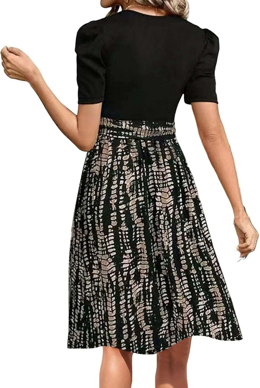 Summer Dresses for Women 2025 Floral Patchwork Flowy Mini Dress Crewneck Short Sleeve Belt Empire Waist Casual Dress