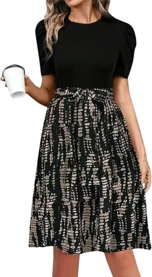 Summer Dresses for Women 2025 Floral Patchwork Flowy Mini Dress Crewneck Short Sleeve Belt Empire Waist Casual Dress