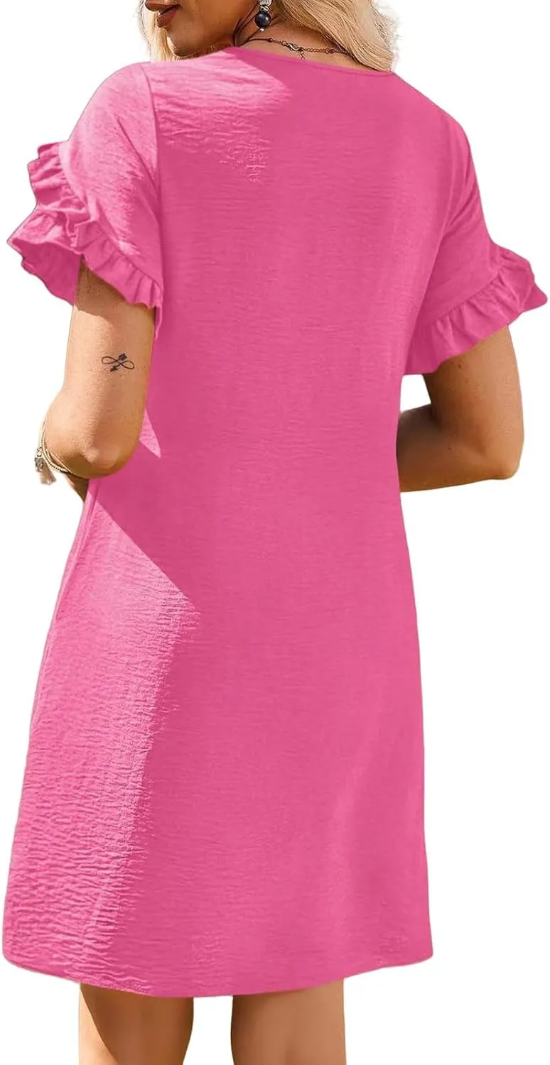 Summer Dresses for Women 2025 Ruffle Sleeve A Line Mini Dress Casual Crew Neck Shift Dress Loose Flowy Beach Sundress