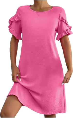 Summer Dresses for Women 2025 Ruffle Sleeve A Line Mini Dress Casual Crew Neck Shift Dress Loose Flowy Beach Sundress