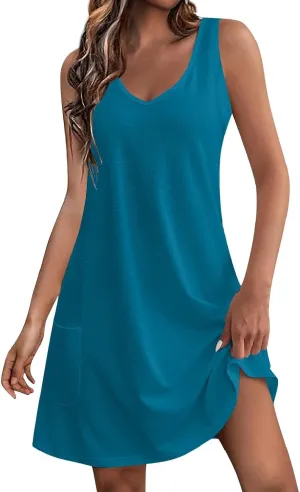 Summer Dresses for Women 2025 Sexy V Neck Mini Dress Sleeveless Tank Dress Loose Fit Sundresses with Pockets