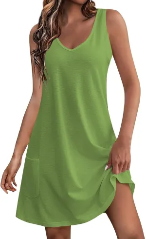 Summer Dresses for Women 2025 Sexy V Neck Mini Dress Sleeveless Tank Dress Loose Fit Sundresses with Pockets