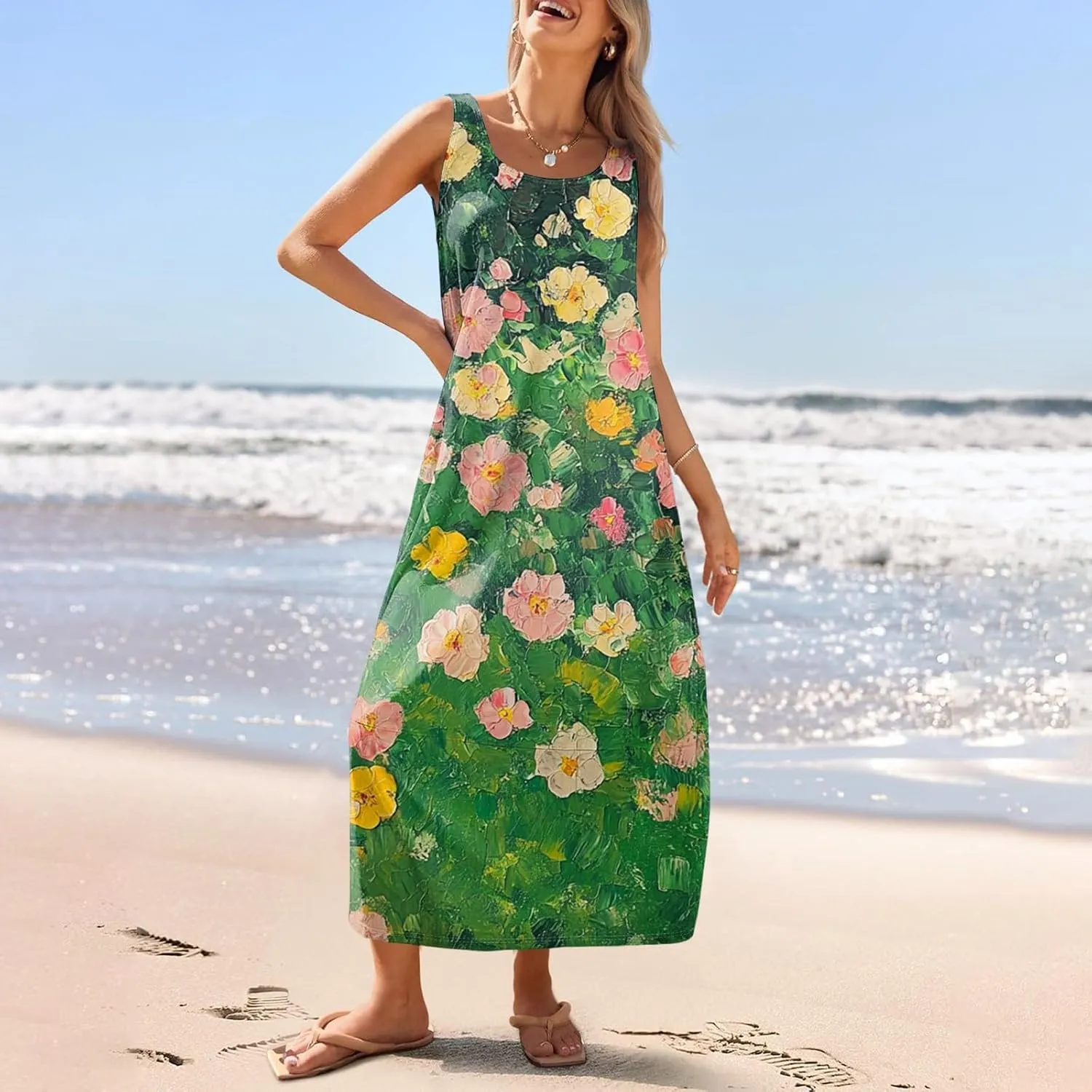 Summer Dresses for Women 2025 Sleeveless Floral Casual Maxi Dress Plus Size Loose Comfy Solid Long Dress with Pockets