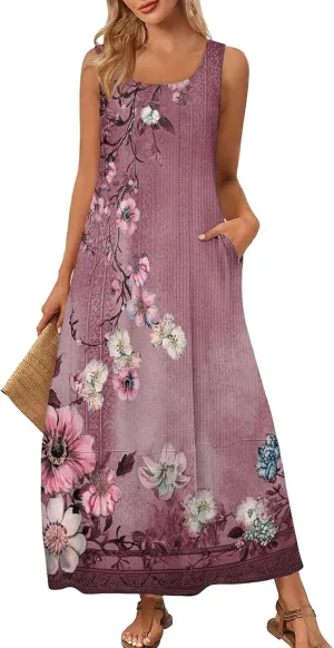 Summer Dresses for Women 2025 Sleeveless Floral Casual Maxi Dress Plus Size Loose Comfy Solid Long Dress with Pockets