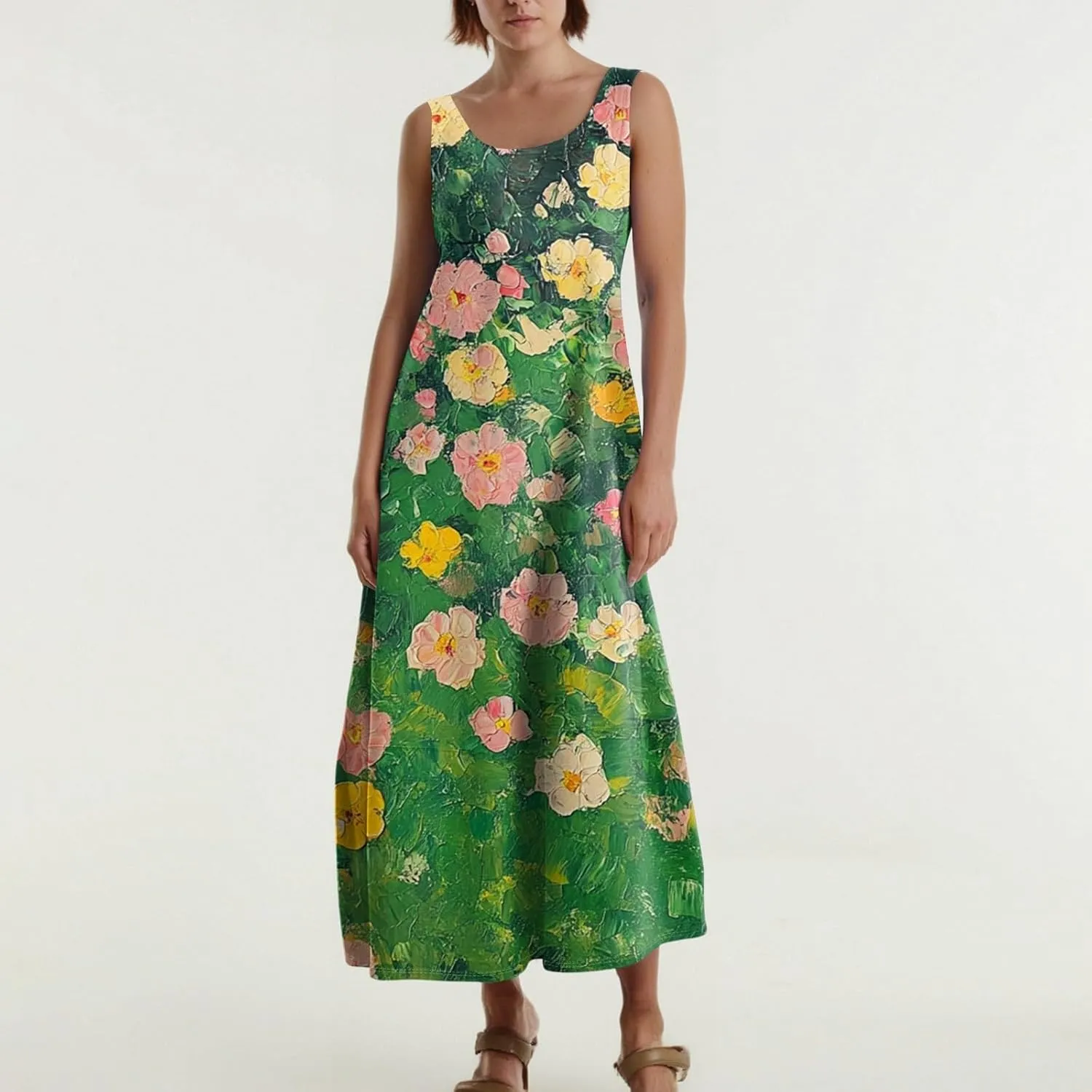 Summer Dresses for Women 2025 Sleeveless Floral Casual Maxi Dress Plus Size Loose Comfy Solid Long Dress with Pockets