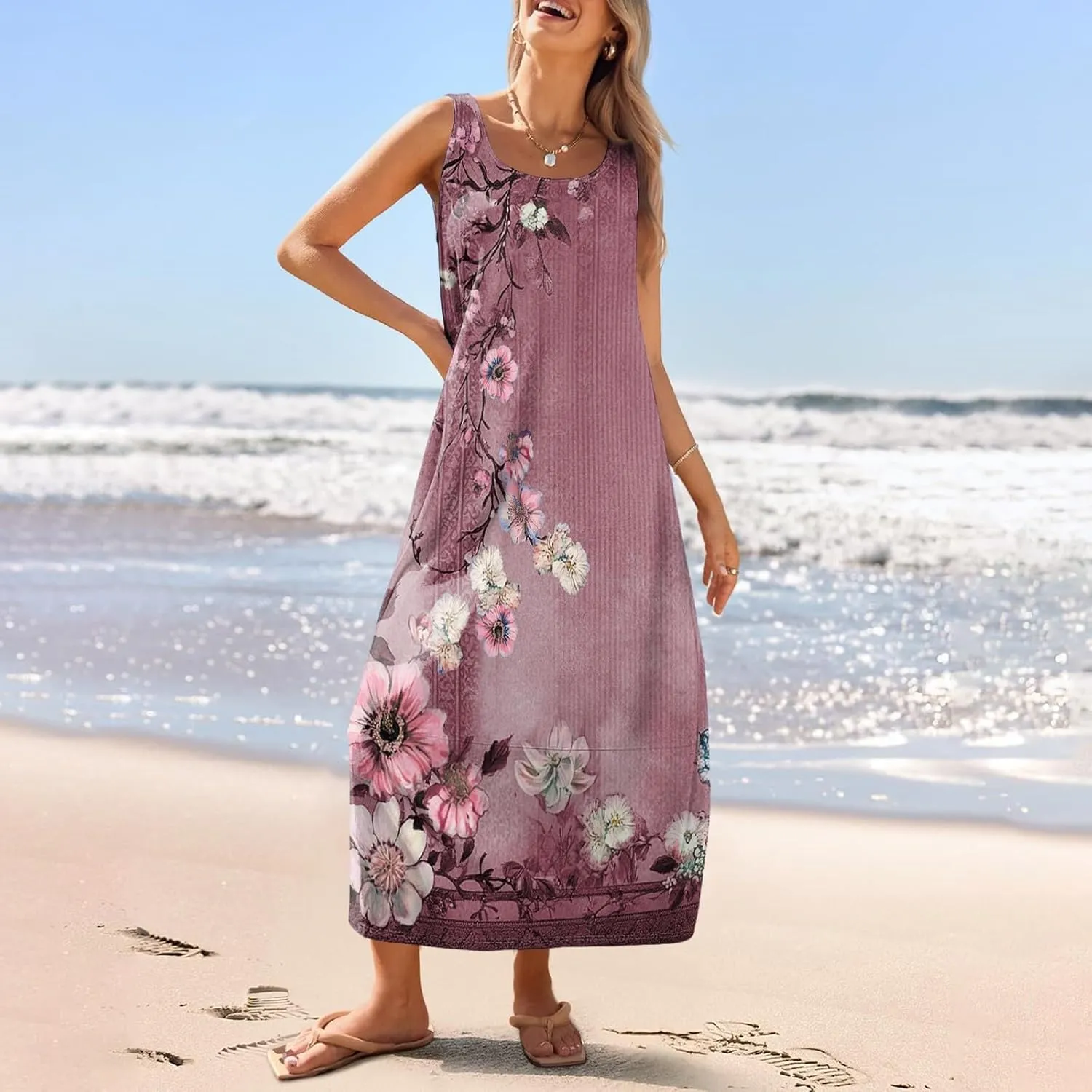 Summer Dresses for Women 2025 Sleeveless Floral Casual Maxi Dress Plus Size Loose Comfy Solid Long Dress with Pockets