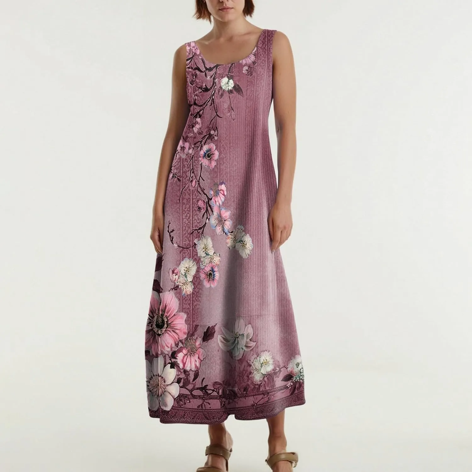 Summer Dresses for Women 2025 Sleeveless Floral Casual Maxi Dress Plus Size Loose Comfy Solid Long Dress with Pockets