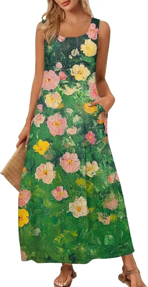Summer Dresses for Women 2025 Sleeveless Floral Casual Maxi Dress Plus Size Loose Comfy Solid Long Dress with Pockets