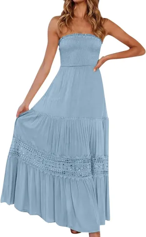 Summer Dresses for Women 2025 Strapless Maxi Dresses Off Shoulder Sleeveless High Waist Solid Color Long Dress