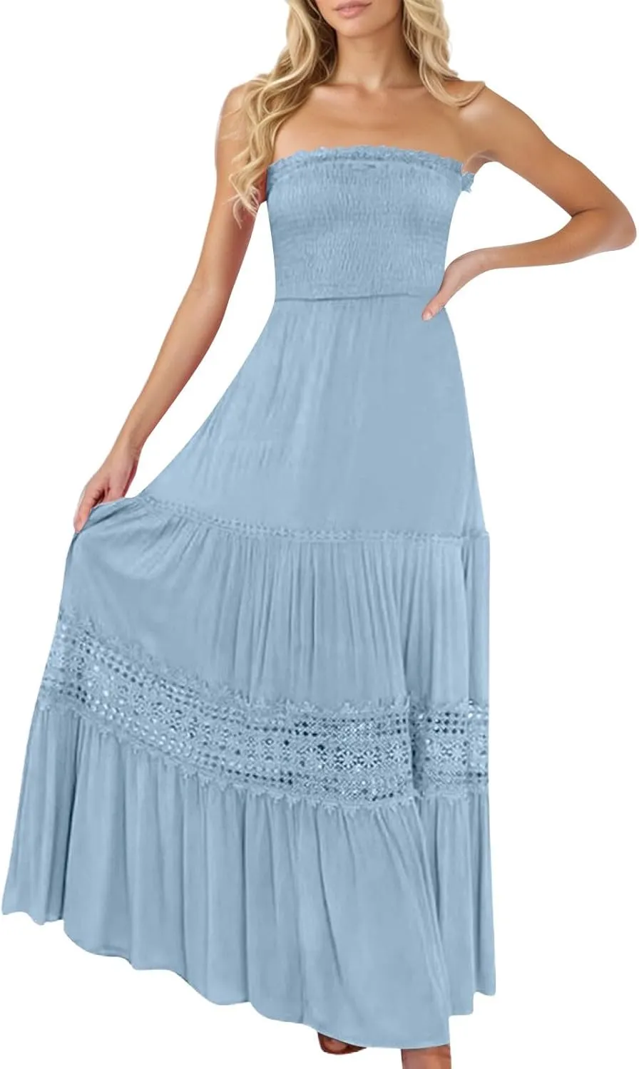 Summer Dresses for Women 2025 Strapless Maxi Dresses Off Shoulder Sleeveless High Waist Solid Color Long Dress