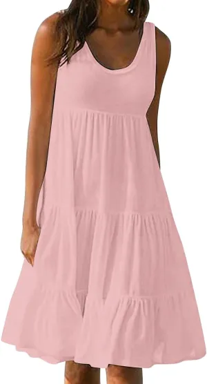 Summer Dresses for Women 2025 Vacation Sleeveless Crewneck Mini Tank Dress Tiered Ruffle Flowy Beach Sundresses