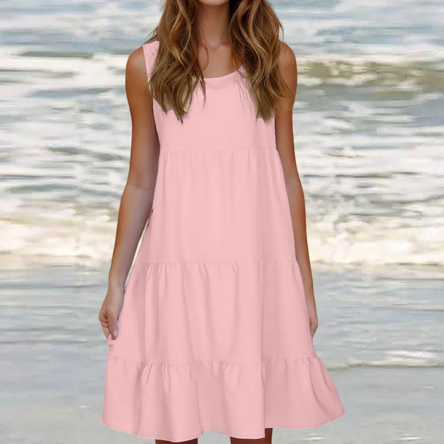 Summer Dresses for Women 2025 Vacation Sleeveless Crewneck Mini Tank Dress Tiered Ruffle Flowy Beach Sundresses