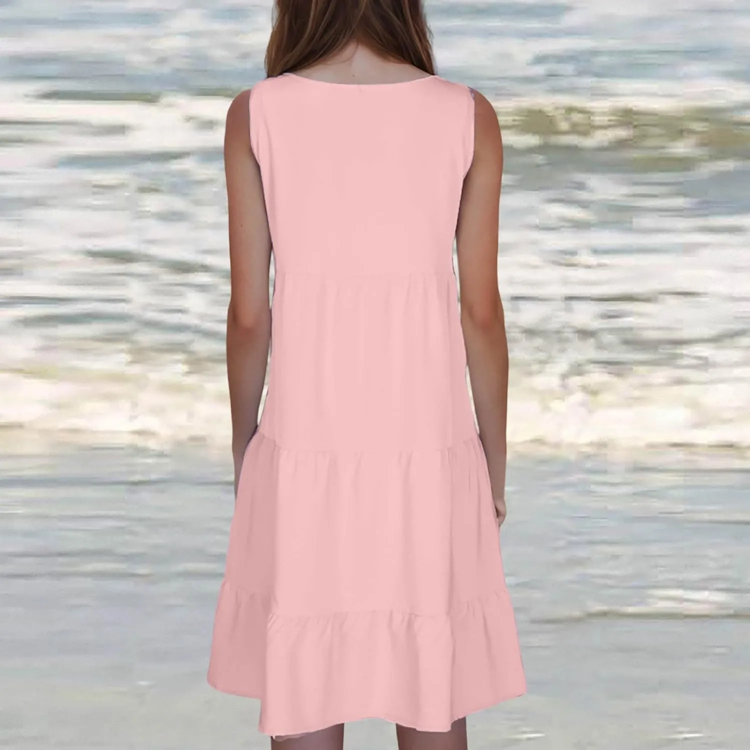 Summer Dresses for Women 2025 Vacation Sleeveless Crewneck Mini Tank Dress Tiered Ruffle Flowy Beach Sundresses