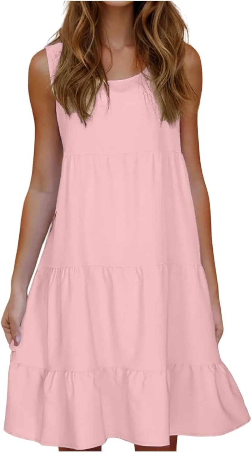 Summer Dresses for Women 2025 Vacation Sleeveless Crewneck Mini Tank Dress Tiered Ruffle Flowy Beach Sundresses