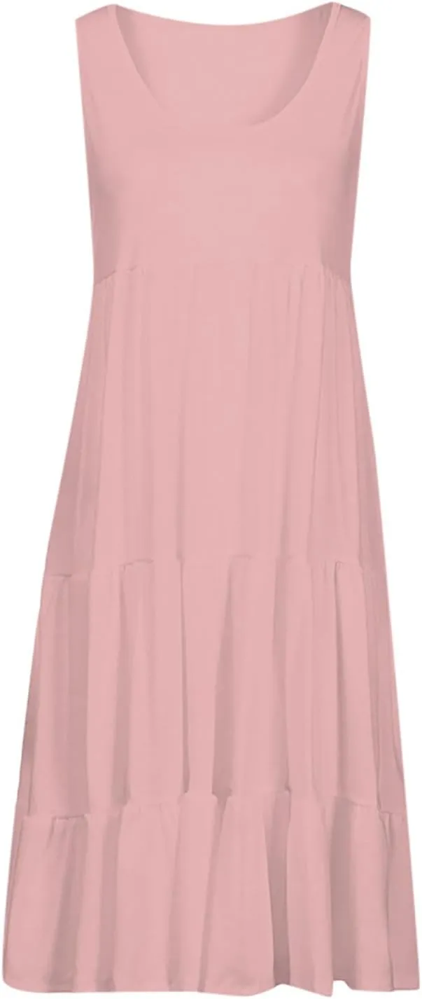 Summer Dresses for Women 2025 Vacation Sleeveless Crewneck Mini Tank Dress Tiered Ruffle Flowy Beach Sundresses